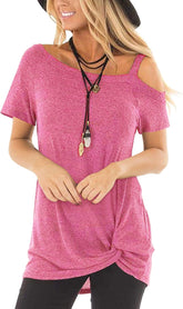 Women Cold Shoulder Tops: Summer Short Sleeve Shirts Casual Twist Knot Blouse T-Shirt S-2XL